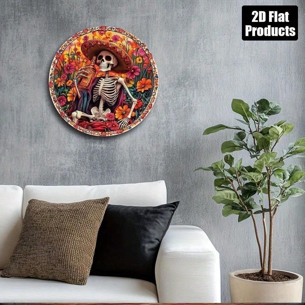Skull Wine Metal Sign 8x8 Inch Round Aluminum 2D Flat Wall Art Decor for Home Bar Cafe Kitchen Office Holiday Gift