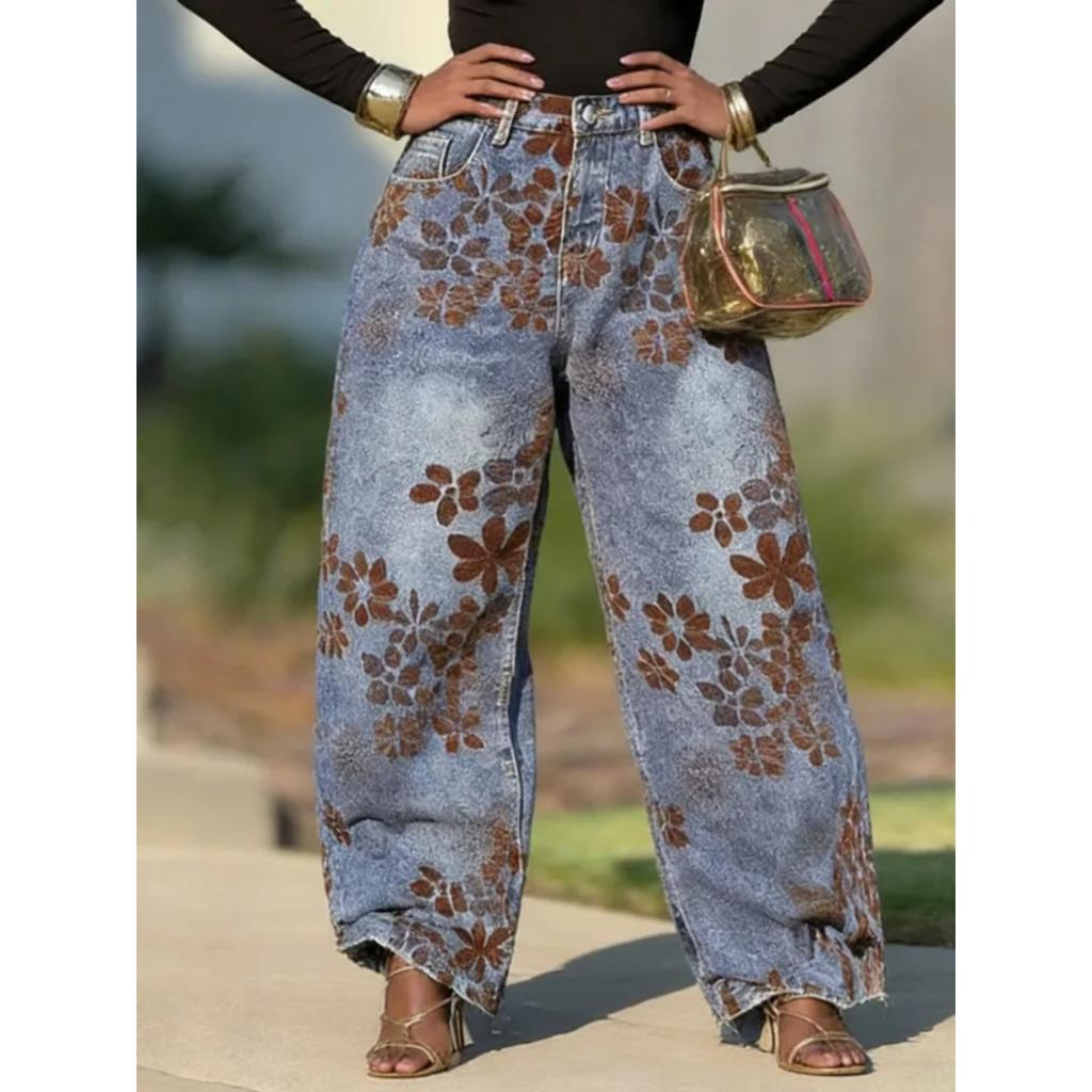 VIONA Europäische und Amerikanische Gewaschene Plüschblumen Gebogenes Messer Jeans für Damen