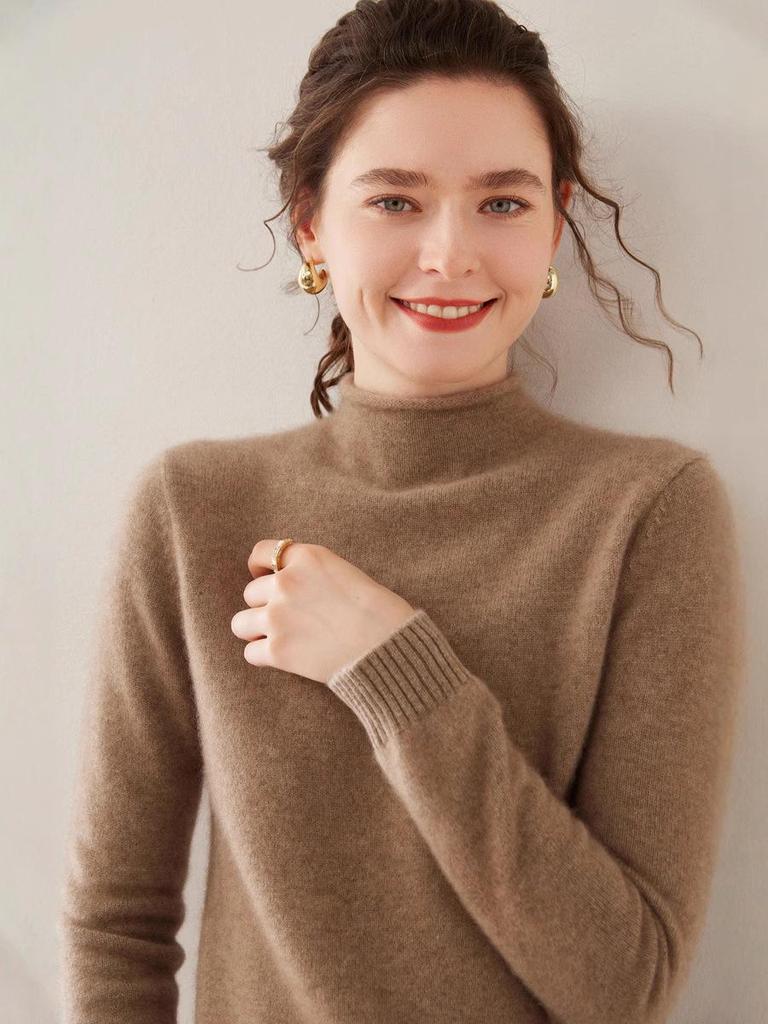 Women's Wool Blend Half-High Neck Knit Sweater - Fashionable Thickened Pullover for Autumn/Winter