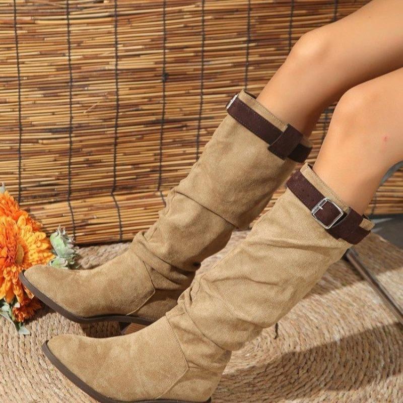 Neuer Stil Luxus Plissee Stiefel Damen Wildlederimitat Flock Kniehohe Stiefel Winter Damen Slipper Quadratischer Niedriger Absatz Ritterstiefel