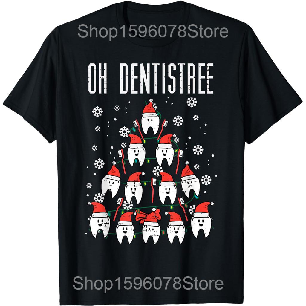 Oh Dentistree Christmas Tree Teeth Dentistry Dental Dentist T Shirts Humor Streetwear Tee Short Sleeve Unisex Loose Clothing