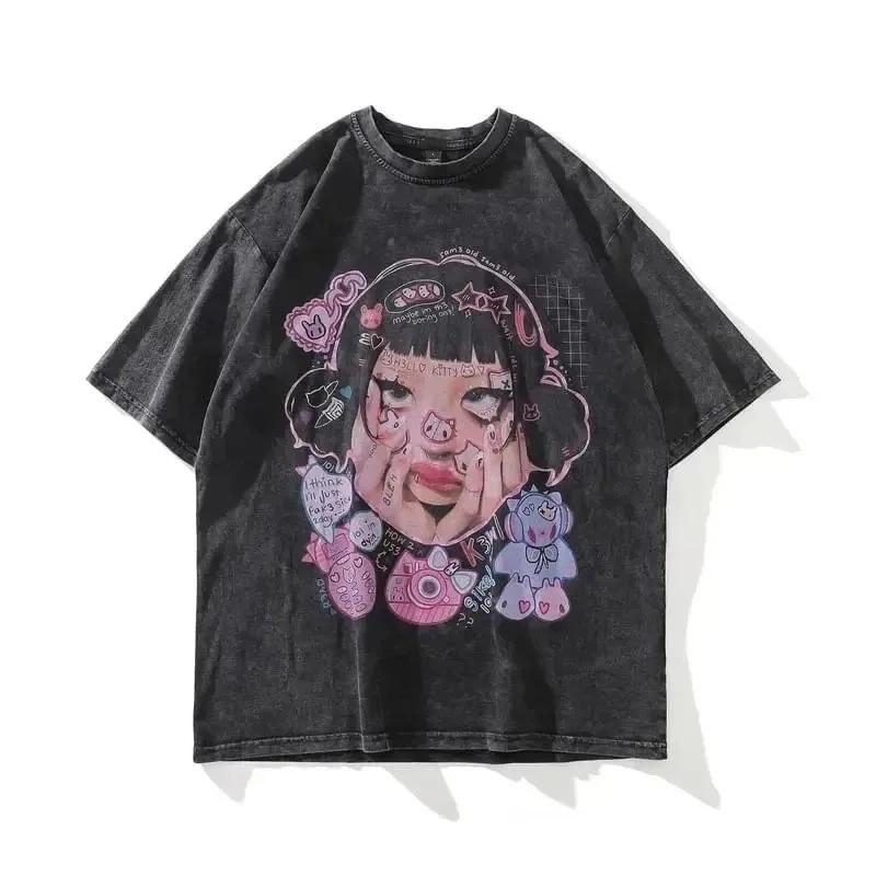 Water-Wash Vintage T-Shirt Summer Anime Gothic Street Clothi M