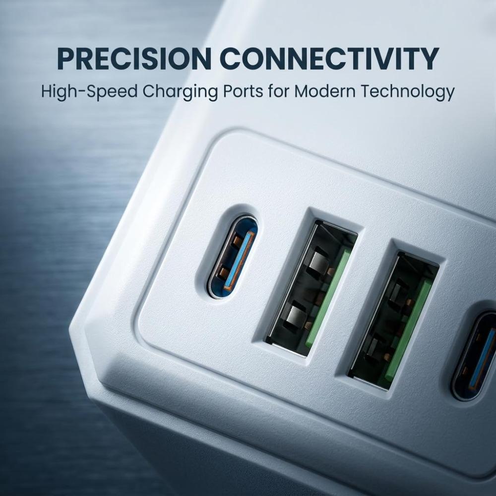 6-socket wall outlet extender with 4 USB ports (2 Type-C), three-sided surge protection socket extender, multi-plug power strip