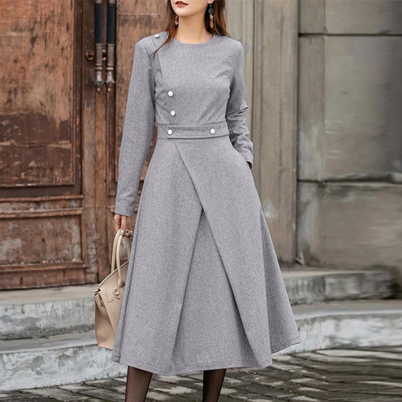 

ZANZEA Женское повседневное платье с круглым вырезом и длинным рукавом для осени S серый