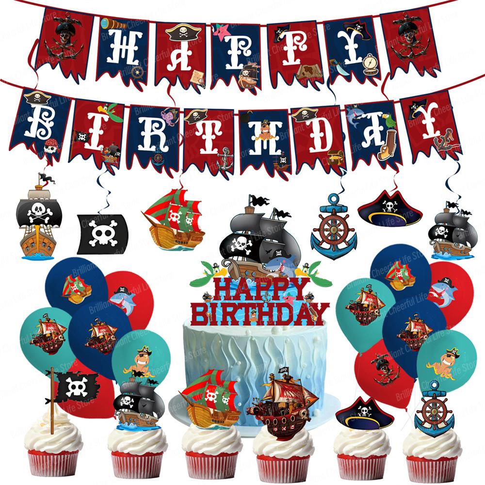 Caribbean Pirates Birthday Decorations Paper Plate Cup Napkins Banner Tablecloth For Kids Boys Baby Shower Pirate Party Supplies