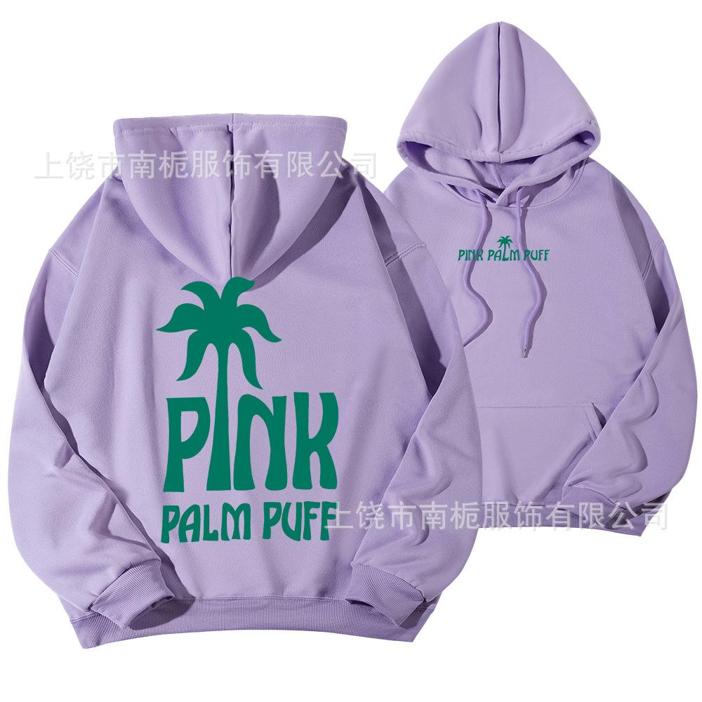 Women's Hooded Long Sleeve Drop Shoulder Pullover Sweatshirt Palm Tree "PINK PALM PUFF" Back Letter Print Casual Hoodie