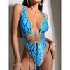 Sexy Badeanzug Damen Tief ausgeschnitten Ausgeschnitten Bodysuit Blauer Print Schnürung Bikinikleider Sommer Neu Urlaubsmode Badeanzug