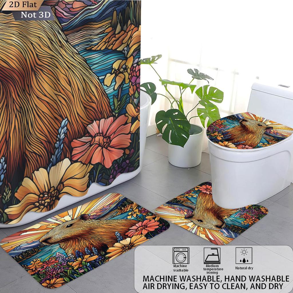 4pcs Capibala Printed Bathroom Set 180x180 Waterproof Shower Curtain With 12 Hook Type Floor Mats, Toilet Mats, U-Shaped Mats