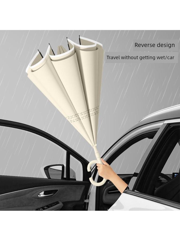 Paraguas Invertido Totalmente Automático Manos Libres con Tiras Reflectantes, Estilo Fresco, Paraguas Invertido de Palo Recto Grande para Coches, Invertido a Juego con el Color