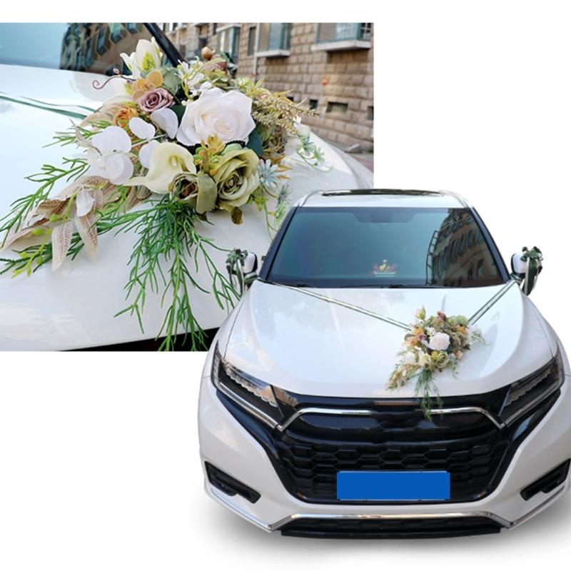 Wedding Car Decoration 7Pieces Set with Realistic Artificial Flower for Car Decors included Rearview Mirror and Doorknob