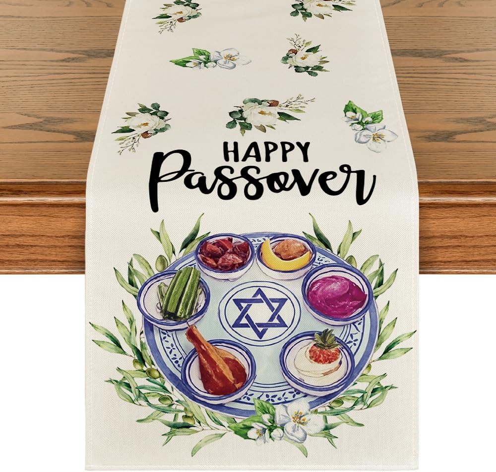 Joyeux Pessah Chemin de table en lin Décoration de fête holiday Seder de Pâque juive Fleurs Chemin de table de salle à manger Décoration de Pâque 150x33cm