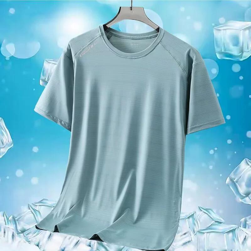 Camiseta masculina de verão com gola redonda, plus size, seda gelada, esportes ao ar livre e lazer, secagem rápida, manga curta, cor sólida