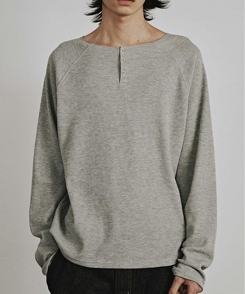 Kaneitei Waffle Raw Cut Henley Neck Long Sleeves (Melange Gray)