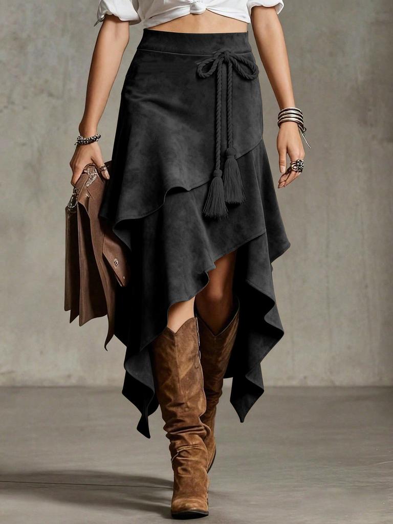 Polyester Aline Midi Skirt With Wrinkle Texture For Casual Travel And Dating