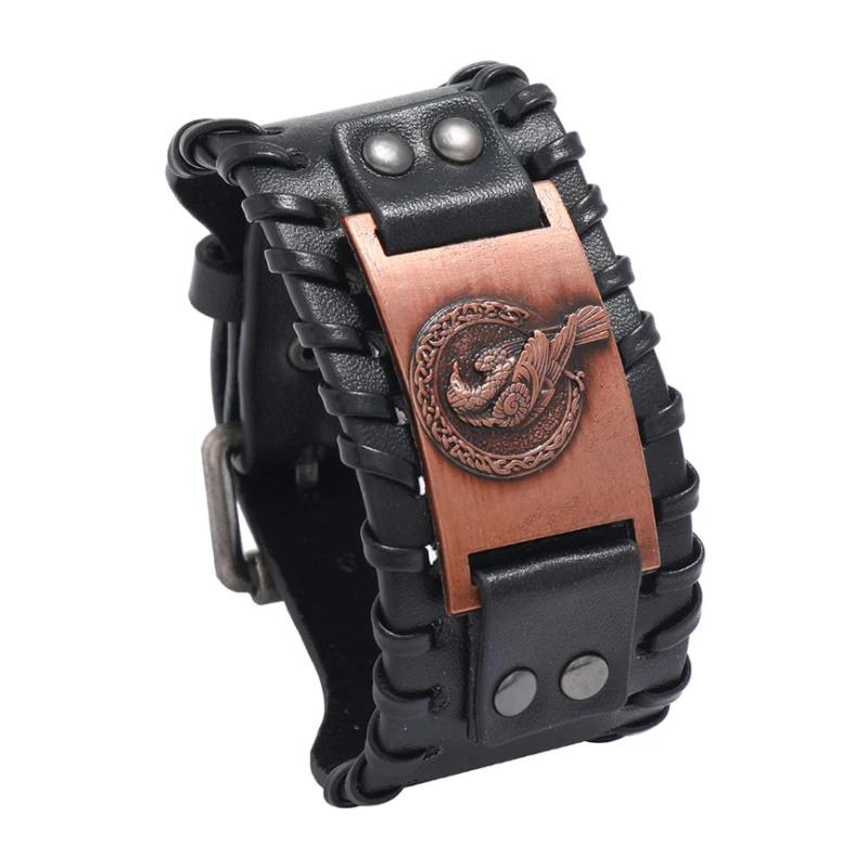 Trendy Wide Leather Woven Viking Rune Bracelet for Men Hip Hop Punk Jewelry Accessory Nordic Crow Charm Fashion