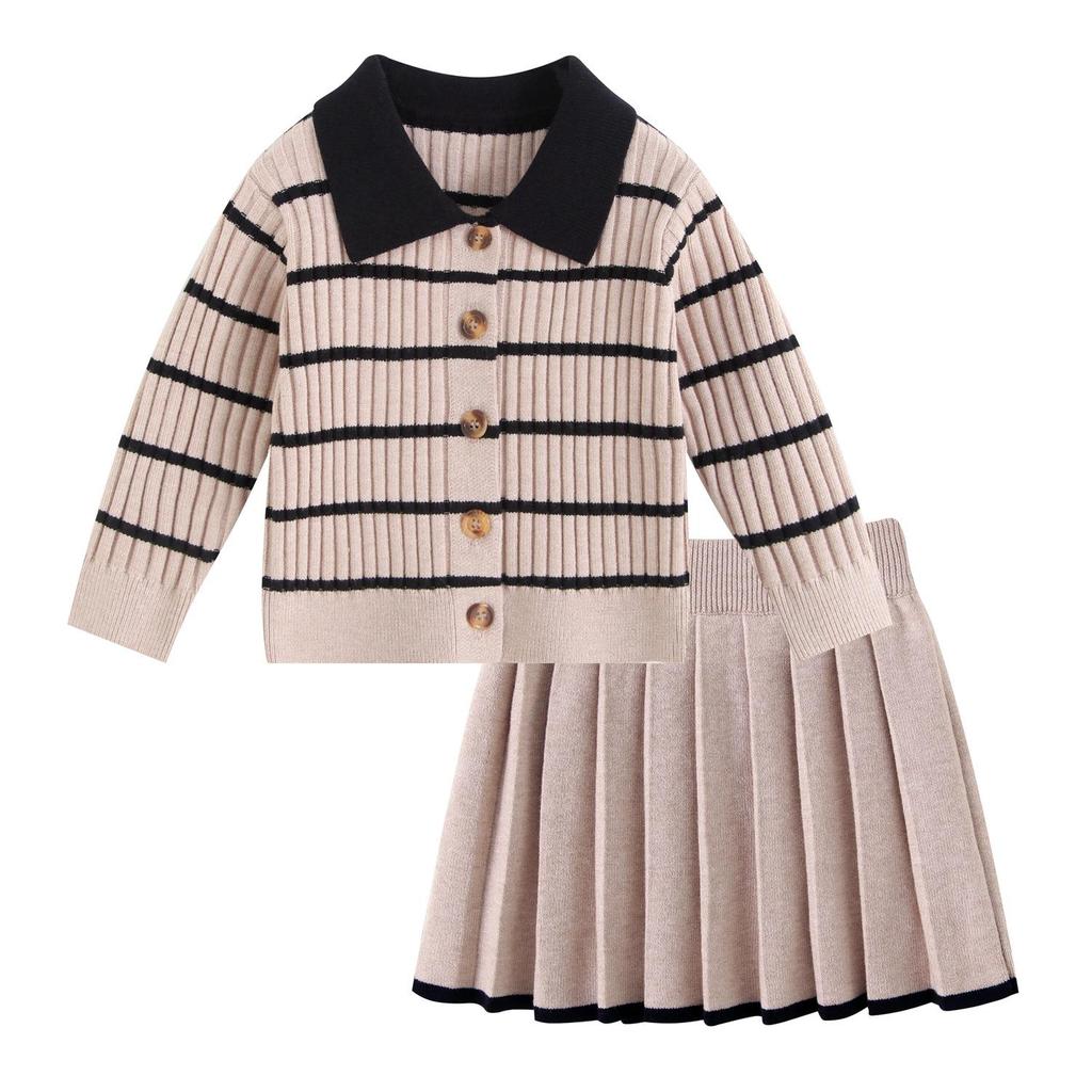 Mädchen Cardigan mit Farbblock & Faltenrock Set - Frühling/Herbst Strickware