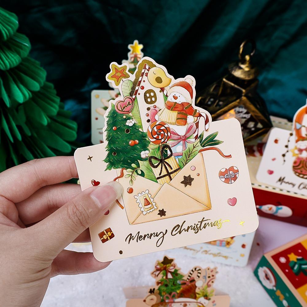 1-12Pcs Christmas Greeting Cards Cartoon Santa Claus Snowman Folding Postcard Christmas Birthday New Year Gifts Wrap Supplies
