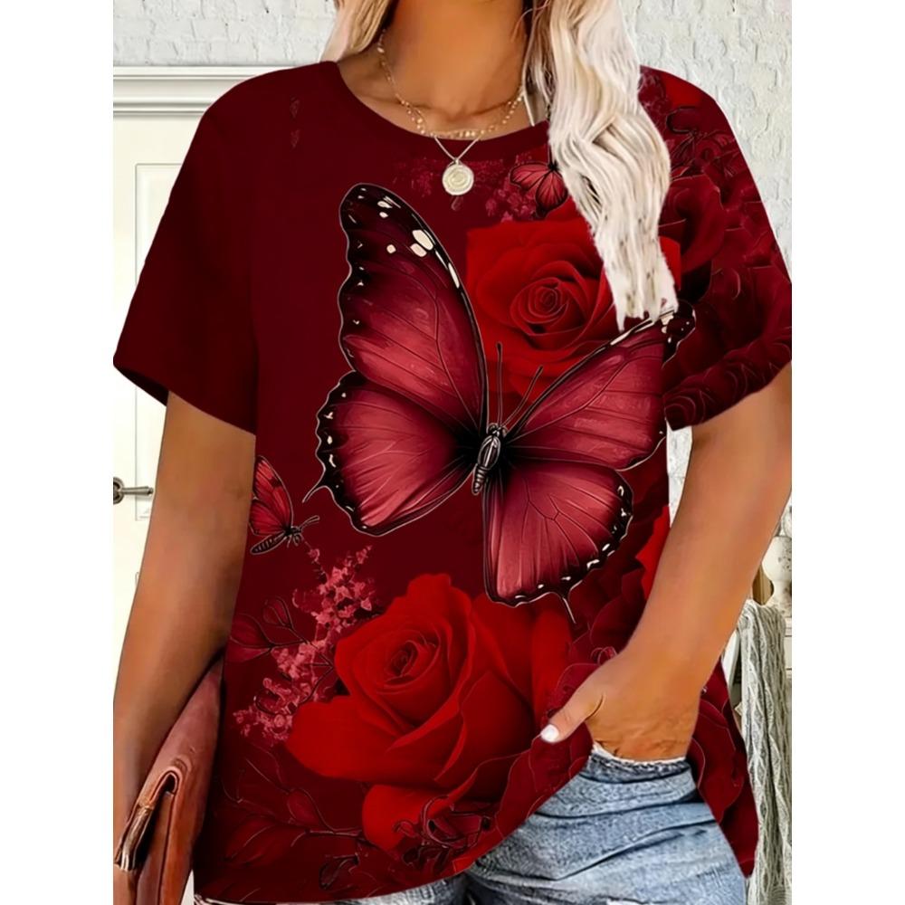 Beautiful Retro Colorful Butterfly Flowers 3D Printed Short Sleeved T-shirt Fashionable Comfortable Soft Breathable Large Loose Summer Womens T-shirt