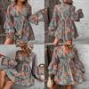 Elegant Floral Print V Neck Long Sleeve Midi Dress For Office Wear