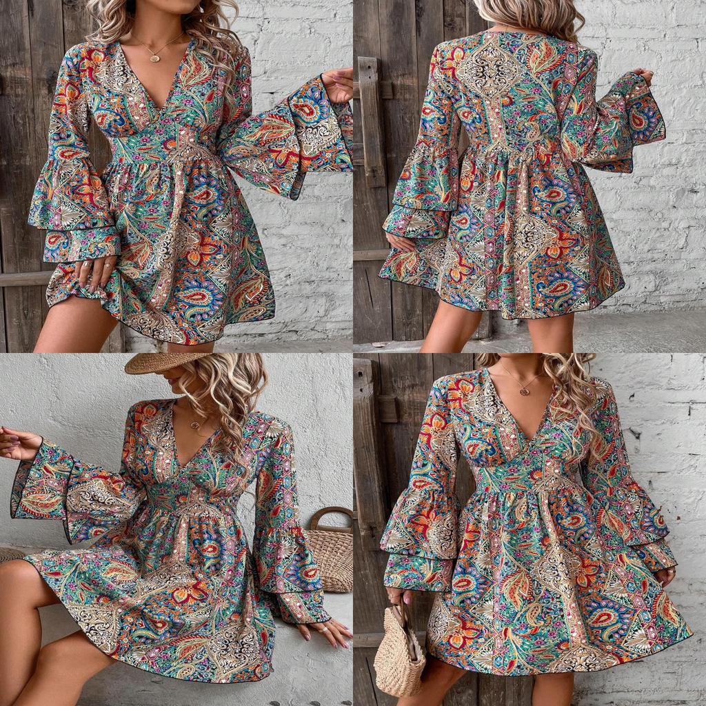 Elegant Floral Print V Neck Long Sleeve Midi Dress For Office Wear