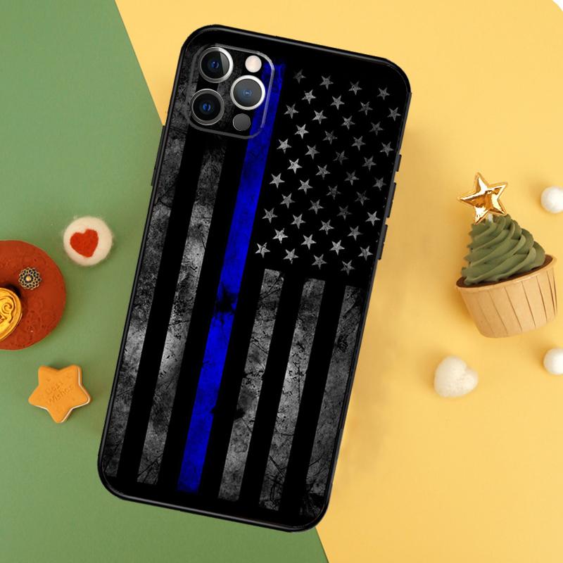 Police Styled Thin Blue Line Flag Case For iPhone 13 12 Mini 11 14 16 15 Pro Max 7 8 Plus X XR XS Max Back Cover