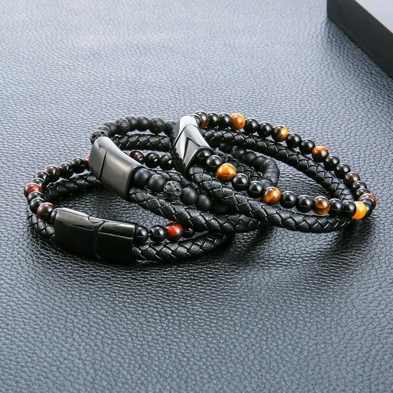 Black Leather Men's Braided Bracelet with Tiger's Eye Natural Stone