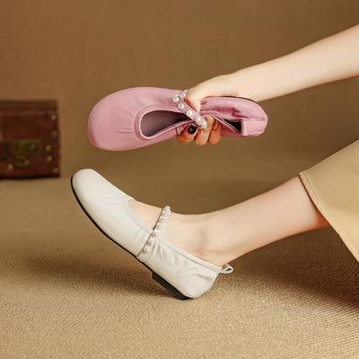 Fashion New Women's Pearl Sheepskin Spring and Autumn Round Toe Soft and Comfortable Ballet Low Heeled Mary Jane Shoes Single Shoe