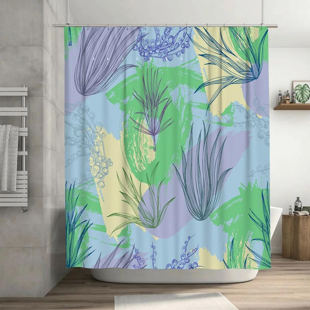 Colorful Bathroom Shower Curtain Set Green Plants Pattern Decorative Waterproof Fabric for Bathtub Bathing Room Home Decoration