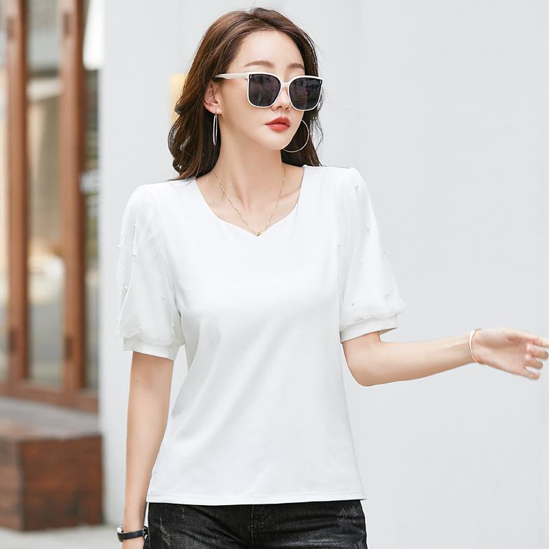 

Women s Summer Short-Sleeve Solid-Color V-Neck T-Shirt Loose-Fit Outerwear Top with Sweet and Feminine Style 3XL білий