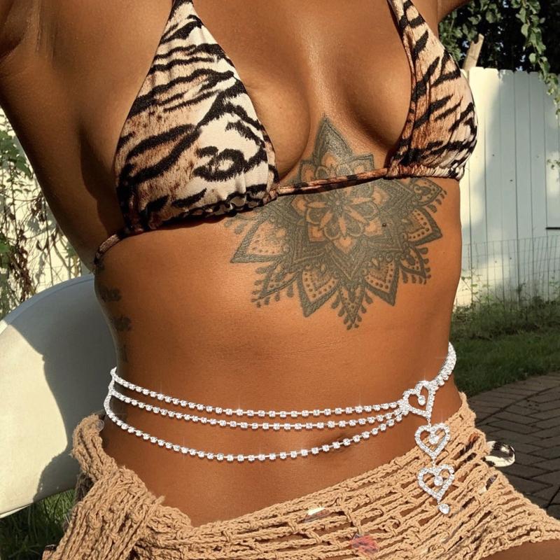 Multi Layer Waist Chain Alloy Shinning Body Chains with Dangle Heart Body Jewelry Accessories for Women and Girls