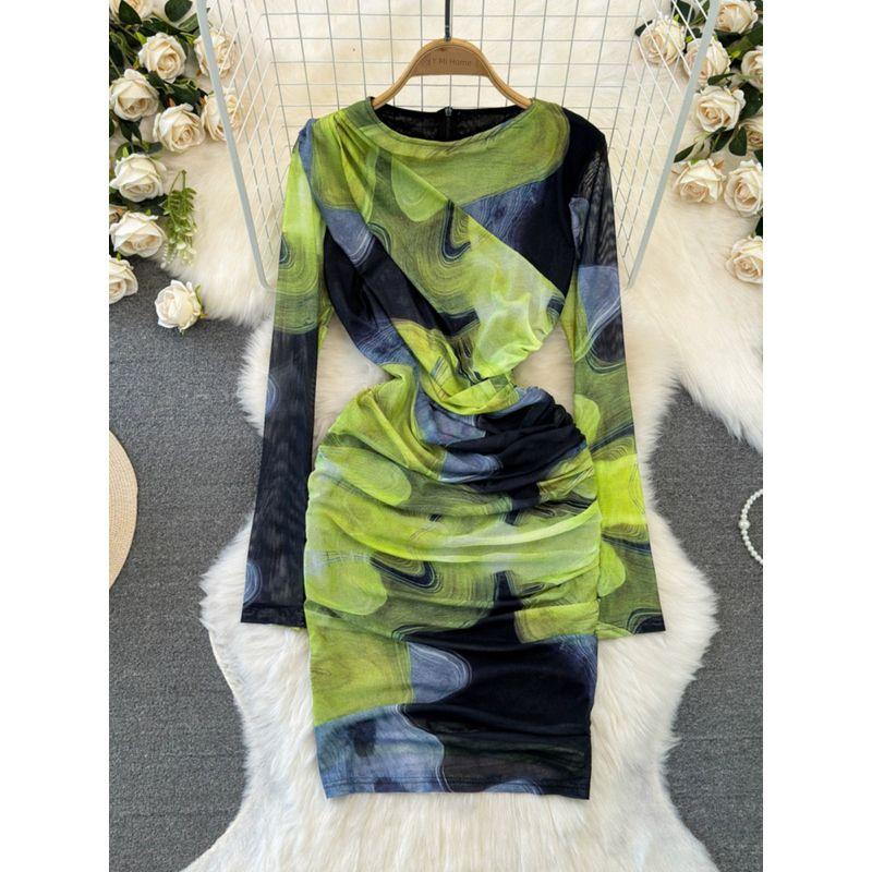 Fashion Fashion Long Sleeve Blooming Print Dress Mesh