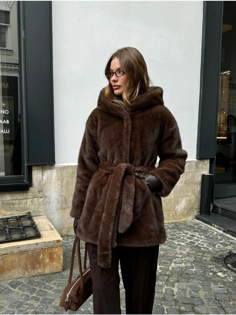 Women's Mid-Length Hooded Eco-Friendly Faux Mink Fur Coat with Belt