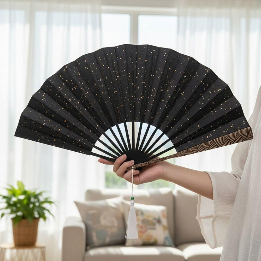 with Tassel Cloud Pattern Handle Folding Fan Sprinkled Gold Men Hand Fan Decorative Fan  Summer