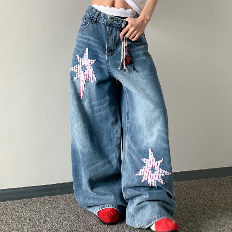 

Jeans Trendy Spring and Autumn Style Personalized Loose Pants American Retro Washed Patch Jeans S синий