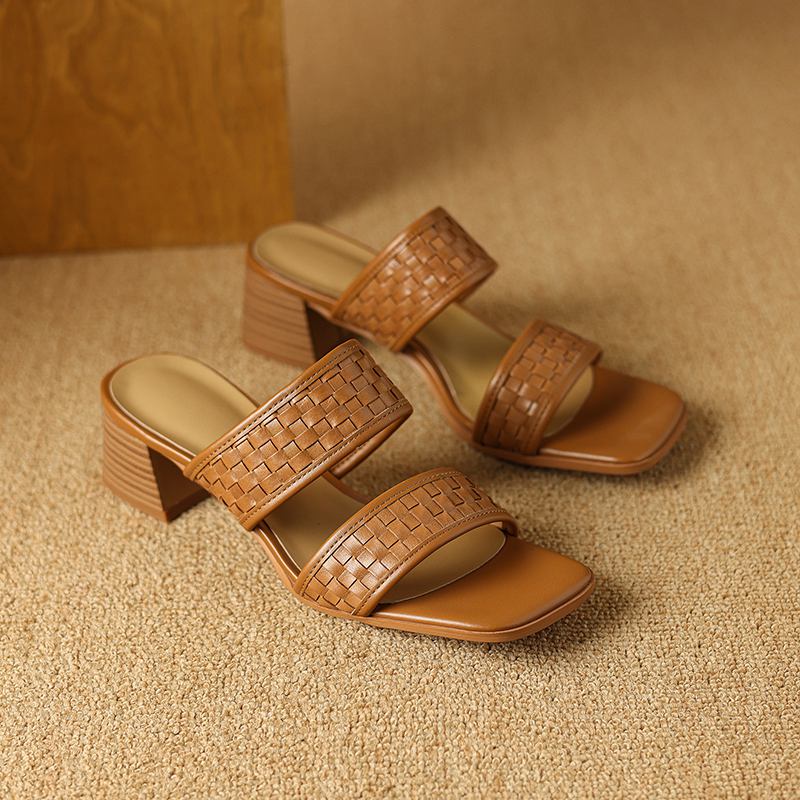 Krazing Pot Klapki z naturalnej skóry z odkrytymi palcami na średnim obcasie, buty letnie, dekoracja pleciona w stylu rzymskim, sandały damskie
