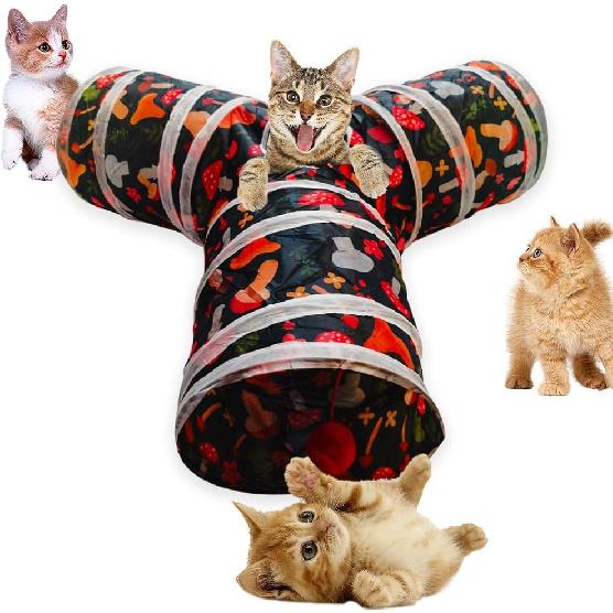 Cat Tunnel Tube Toys, Tunnels for Indoor Cats, 3 Way Colorful White Gray Collapsible Interactive Toy with Balls for Rabbits, Kittens, Ferrets, Puppy