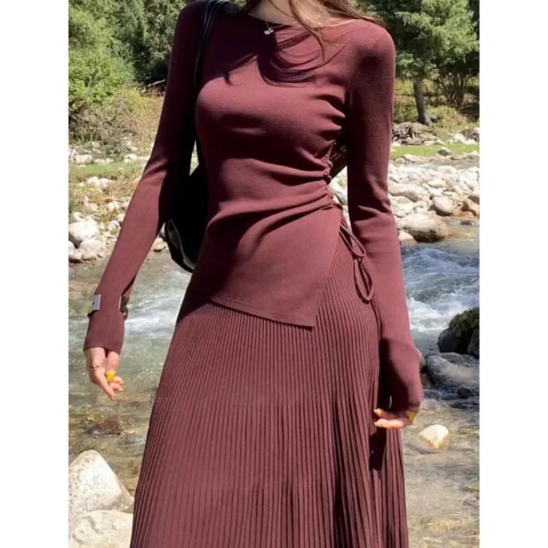 

Elegant Spring Knit Dress: Women s Waist-Cinching Long Dress with Stylish, Lazy Temperament. One Size