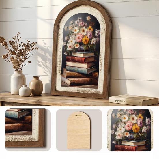 Vintage Framed Wall Art, Curved Wooden Floral Wall Art, Arched Wood Framed Wall Art, Rustic French Country Style Paintings for Bedroom