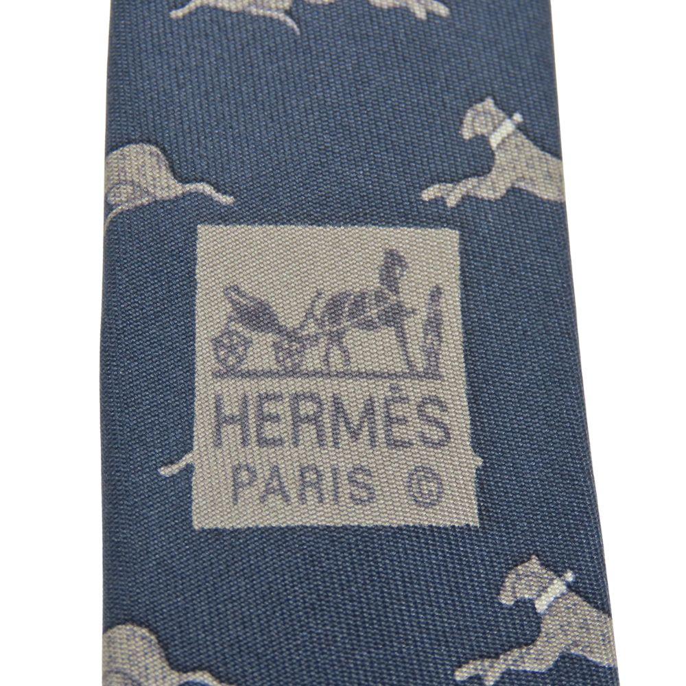 Used HERMES tie Animal motif silk Navy gray gray business