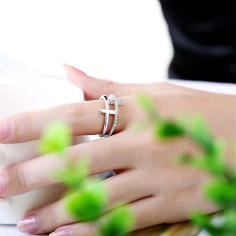 Rose Gold Cross Ring Adjustable Expandable Open Ring Women Faith Jewelry Double Cross Design Fashion Accessory