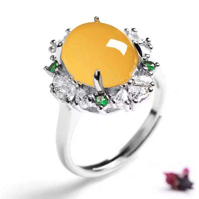 Bague Ajustable Calcédoine & Agate de Glace Forme Libre pour Femmes avec Incrustations en Forme d'Œuf et Placage Argent 925