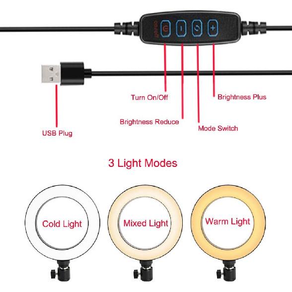 6 Inches LED Selfie Ring Light with Hot Shoe Adapter for Live Stream/Makeup/YouTube Video/Photography, 3 Light Modes