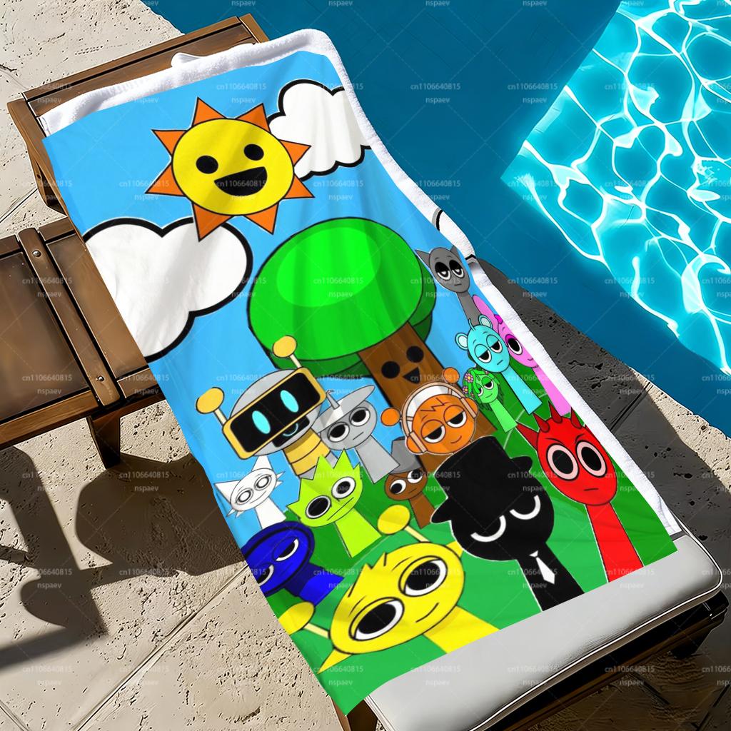 1PC Sprunki Incredibox Beach Towel, Sunny Cartoon Character Bath Towel, Soft Microfiber Pool Towel for Kids & Fans, Summer Beach