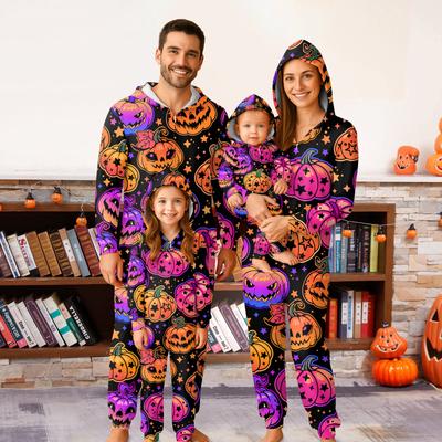 Halloween Printed Family Matching Hooded Long Sleeved Zippered Hooded Jumpsuit Set