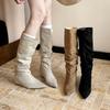 Autumn and Winter New Pointed Flat Bottom Inner Height Increase Temperament French Fashion Suede Pleated Boots
