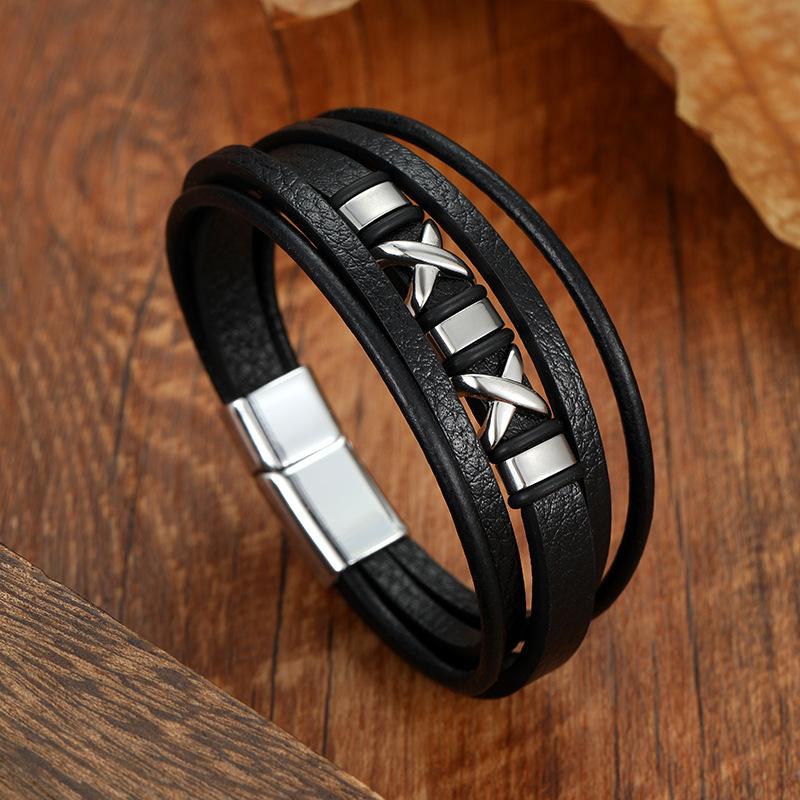 

Multi Layer Braided Leather Bracelet For Men With X Badge Charm Stylish Wristband Accessory чёрный