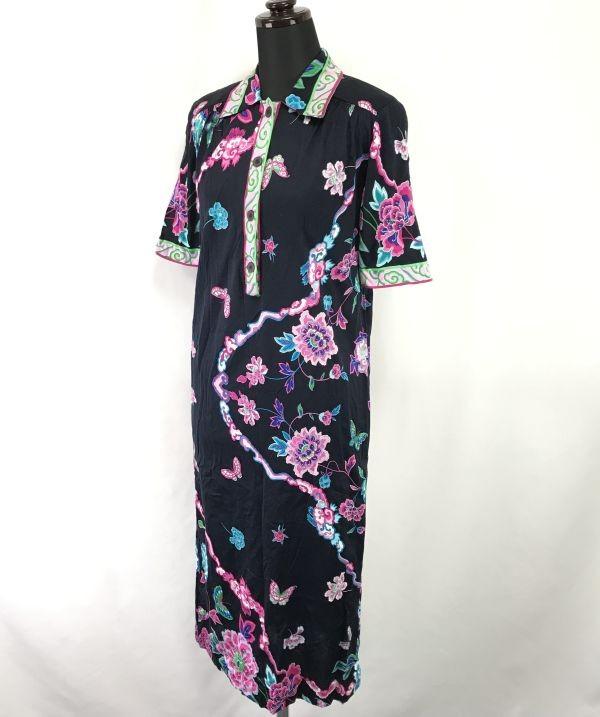 Made in Italy BOTTO Premium Fabric Floral Short Sleeve Long Dress I42 USA8 Japan L Navy Maxi 100% Cotton Tops Shirts(USED)