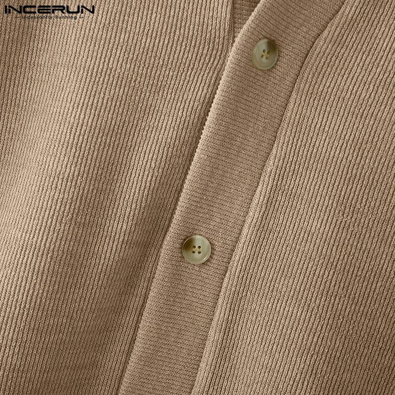 INCERUN Oversized Men V Neck Long Sleeve Buttons Loose Ribbed Knit Cardigan Tops