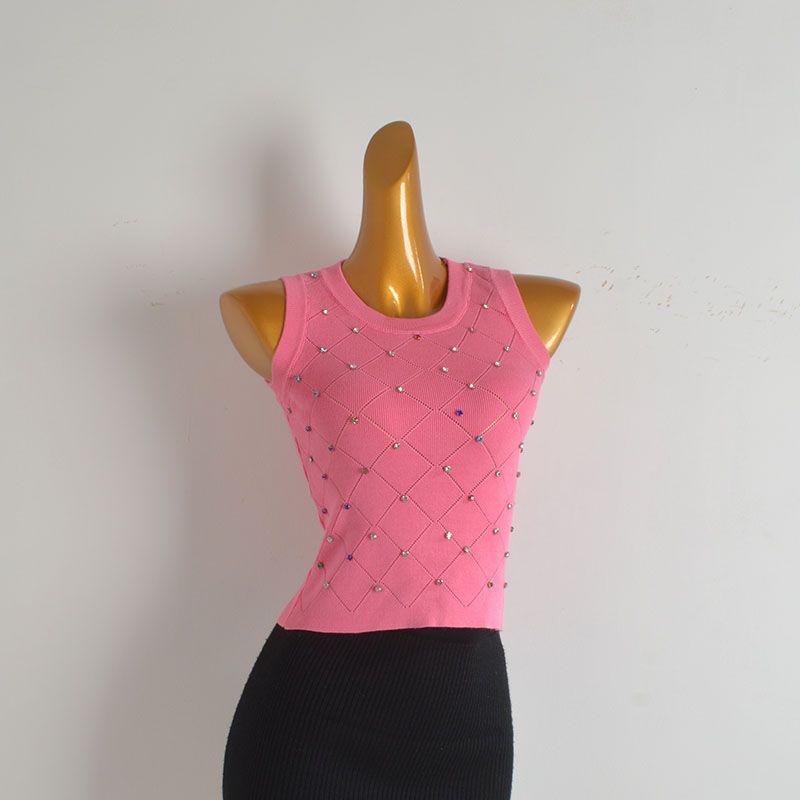 Sexy Stylish Heavy Industry Beads Diamond Knitting Vest Women's Summer New Arrival Silm Slim Looking All-Matching Short Top