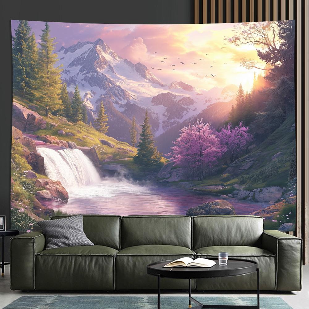 Водопад и лесной пейзаж Цифровая печать полиэстер настенный гобелен декоративный Гостиная Спальни фон подарок 74x94cm(29x37in)